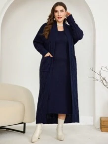 Modelyn Plus Size Solid Color Long Sleeve Cardigan & Sleeveless Dress Set, Minimalist Style, For Winter - Navy Blue - View 4