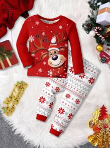 SHEIN Ensemble pyjama ajusté pour garçon, col ras du cou, manches longues et pantalon, style minimaliste et décontracté, adapté pour l'automne/hiver, pour Noël