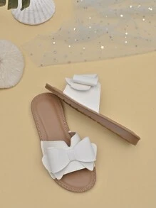 1 par de pantuflas de moda cómodas y adorables con moño para niñas, apropiadas para el verano - Beis - Ver 5