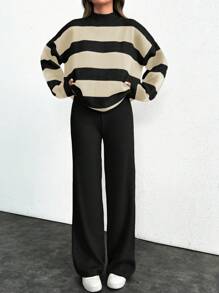 SHEIN Tall Striped Pattern Drop Shoulder Sweater & Knit Pants, Tall Women - Black and White - View 3