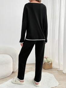 EURMUSE 2pcs Cotton Contrast Colour Piping With Slit Detail Homewear Set - Black - View 2