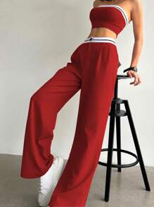 Chiquease 女士条纹印花抹胸上衣和裤子 2 件套休闲套装新年服装 - 紅色 - 查看 5