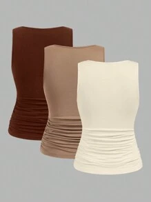 SHEIN LUNE 3pcs/Set Casual Solid Color Slim Fit Camisole Tank Top For Women, Suitable For Autumn And Summer