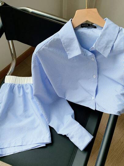 Comfortcana Conjunto casual de top azul de manga larga con botones y pantalones cortos para mujer tejido