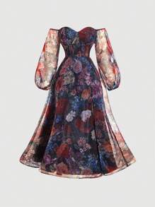 SHEIN MOD Plus Size Vintage Romantic Floral Off Shoulder Long Sleeve High Slit Dress, Suitable For Palace/Ball Gowns - Multicolor - View 1