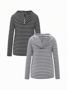 SHEIN Maternity 2pcs Women Fitted Striped Hooded Long Sleeve Tops, Nursing