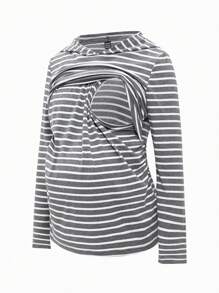 SHEIN Maternity 2pcs Women Fitted Striped Hooded Long Sleeve Tops, Nursing