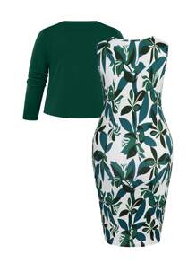 SHEIN Clasi Conjunto de 2 piezas talla grande para mujer: Chaqueta de manga larga de frente abierto en unicolor y vestido evasé de cuello redondo sin mangas con estampado floral