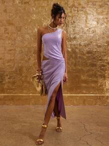 COSMINA 女士紫色亮片露背长裙，适合情人节、圣诞节、秋冬季 - 淡紫色 - 查看 1