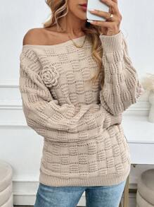 SHEIN LUNE Suéter de punto asimétrico de hombro de estilo cable de moda de otoño/invierno, manga de murciélago, suelto y casual de unicolor con flores 3D, adecuado para el ocio al aire libre en otoño - Caqui - Ver 1