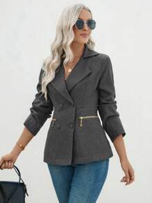 SHEIN LUNE Chaqueta de unicolor informal y de doble botonadura, adecuada para el transporte, otoño