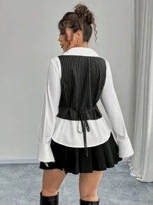 Calvaya 大码女式时尚休闲条纹收腰二合一衬衫 - 彩色 - 查看 2