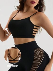Menodora SHEIN Sport 女士纯色镂空后背健身运动文胸 - 黑色 - 查看 1