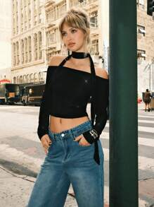 SHEIN EZwear 女士露肩长袖时尚修身优雅迷人纯黑色 T 恤秋冬季