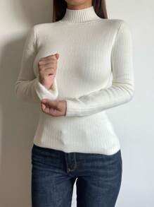 SHEIN BASICS 休闲纯色高领长袖修身常规针织毛衣 - 白色 - 查看 4