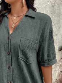 Breezaya Plus Size Women Elegant Daily Wear Solid Color Woven Button-Down Dropped Shoulder Puff Sleeve Pocket V-Neck Collared Mid-Length Dress, Summer