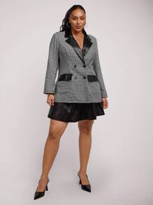 SHEIN Clasi Plus Size Front Button Solid Color Patchwork Pocket Casual Blazer With Long Sleeve - Black and White - View 5