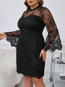 SHEIN Clasi Plus Size Black Lace Flared Sleeve Fitted Mini Dress, Elegant & Sophisticated, Women Autumn Dresses - Black - View 4