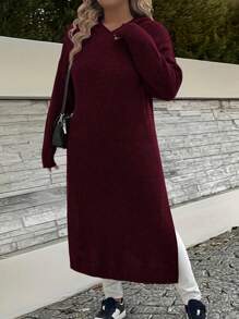 SHEIN LUNE Vestido de suéter casual con cuello en V sólido, manga larga y bajo con abertura, talla grande