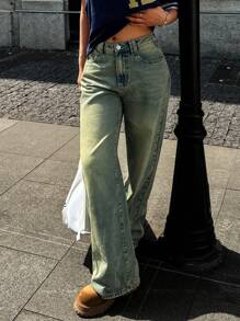 Women's Simple Front Button Pocket Wide Leg Casual Jeans