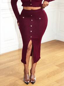 Zolique Women Elegant Solid Color Button Decor High Slit Bodycon Knit Skirt - Red - View 6