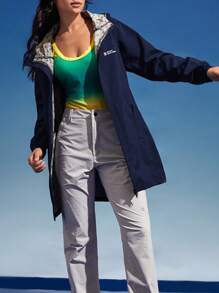 In My Nature Chaqueta de lluvia a media pierna, a prueba de viento y de agua, con capucha para mujer - Azul Marino - Ver 9