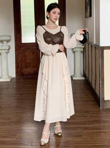 DAZY 2pcs/Set Women's Solid Color Spaghetti Strap Simple PU Blouse And Round Neck Long Sleeve Ruffle Hem Simple Dress, Autumn/Winter ,New Year Eve,Fall Women Clothes - Khaki - View 8