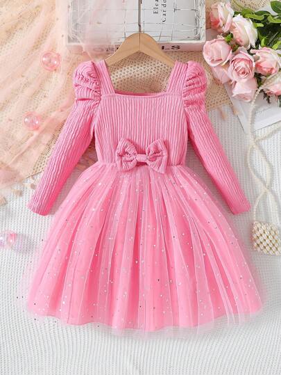 SHEIN Glamorique Kids Unga flickor Ny Rosa Star Paljett Mesh Tutu Klänning Prinsessa Festklänning Med Bowknot Och Långa ärmar, Vår/Höst Rosa Klänningar För Kidspink Prinsess Klänning Barnklänningar Rosa