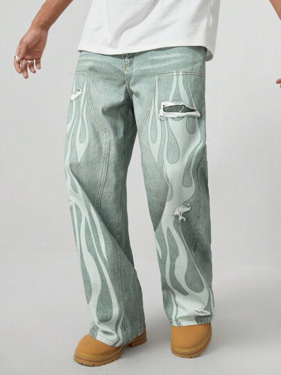 Street Life Herren Mode Lässig vielseitige Jeans mit Flammen Muster und Used-Look in gerader, weiter Passform