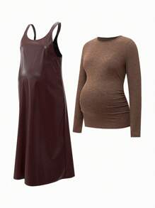 SHEIN Set de 2 piezas Top de manga larga y vestido sin mangas de maternidad - Marrón - Ver 11