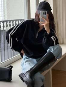 DAZY 女式马球领半襟休闲运动风格撞色拼接宽松运动衫 - 黑色 - 查看 4