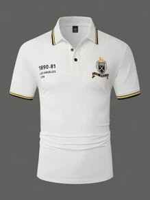 Manfinity Homme Men's Stripe & Letter Print Short Sleeve Casual Commuter Polo Shirt