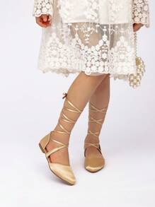 Girls Princess Style Pointed Toe Lace-Up Ballet Flats, Spring & Autumn