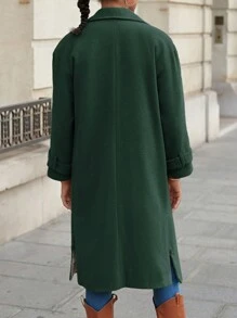 EURMUSE 女士纯色翻领长袖仿羊绒长款休闲外套，秋冬 - 墨綠色 - 查看 2