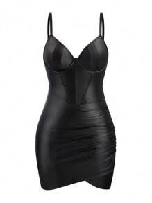 Celure 大码女式性感紧身精致皮革连衣裙金属女装 - 黑色 - 查看 1