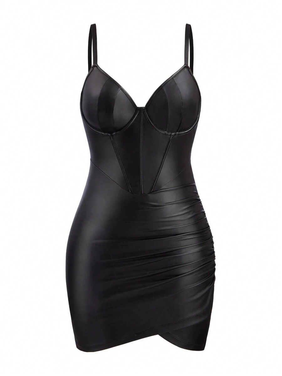 Celure 大码女式性感紧身精致皮革连衣裙金属女装 - 黑色 - 查看 1
