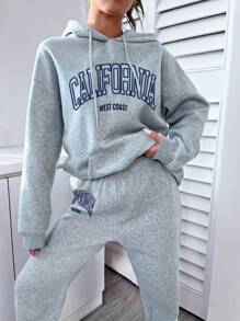 Flirla 2 件套女士字母印花连帽长袖上衣和裤子，休闲装 - 灰色 - 查看 4