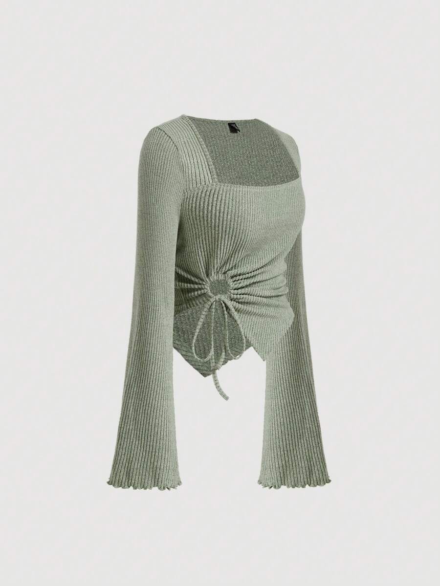 SHEIN MOD Plus Size Green Retro Square Neck Design Asymmetric Hemline