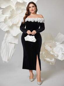 Modelyn 大码女式撞色蕾丝露肩长袖荷叶边下摆开衩优雅连衣裙，优雅修身连衣裙，适合晚会/婚礼嘉宾/周年纪念长款女装 - 黑色 - 查看 6