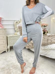 V领撞色长袖上衣和裤子女士两件套睡衣套装 - 淺灰色 - 查看 5