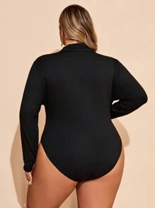 SHEIN CURVE+ Áo liền quần cổ lọ ôm vừa vặn cho nữ cỡ lớn, áo thu - màu đen - Xem 2