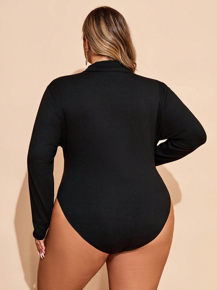 SHEIN CURVE+ Áo liền quần cổ lọ ôm vừa vặn cho nữ cỡ lớn, áo thu - màu đen - Xem 2