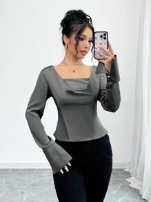 Elenzga Áo cánh tay dài ôm sát, xòe cổ tay thanh lịch, vai trễ - Xám - Xem 4