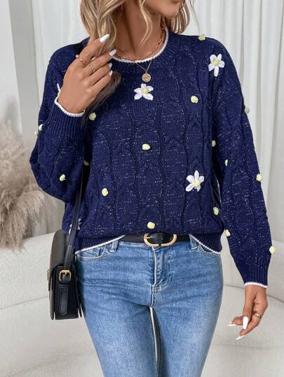 SHEIN LUNE Women's Round Neck Flower Print Drop Shoulder Long Sleeve Casual Sweater, Autumn/Winter Knit Pullover Fall
