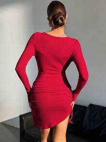 SHEIN Essnce Burgundy Red Women's Casual Fashion Solid Color Side Drawstring Waist Slim Mini Dress Bottoming Autumn And Winter - Red - View 2