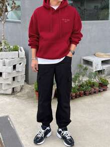 DAZY Men's Letter Print Long Sleeve Drawstring Hoodie Sweatshirt, Autumn - Red - View 4