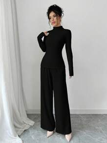 3件套：针织拉绒罗纹高领长款毛衣和撞色阔腿裤（女款） - 黑色 - 查看 3