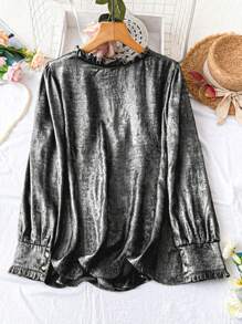 SHEIN LUNE Áo cánh tay dài cổ chữ V viền ren kim loại cỡ lớn - màu đen - Xem 2