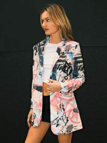 SHEIN EZwear Graffiti Print Lapel Neck Blazer In Fall/Winter - Multicolor - View 5