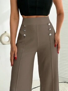 EURMUSE White Wide Leg Pallazzo Pant With Button Detail - Mocha Brown - View 5